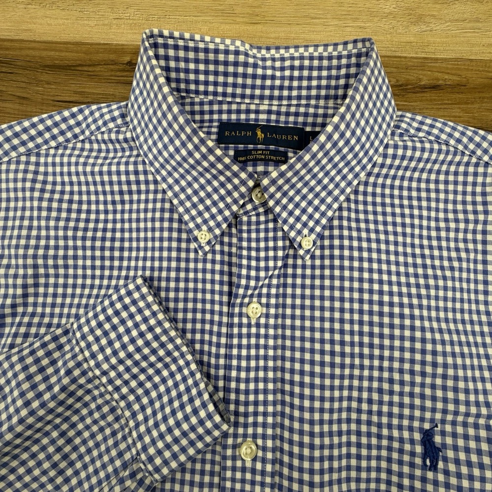 Ralph Lauren Shirt Mens Size L Large Navy Gingham Slim Fit Stretch Cotton Oxford